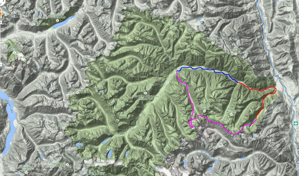 Red is off-trail, pink is trail, blue is packraft