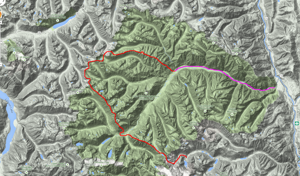 Red is off trail alpine, pink is on trail.